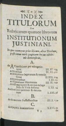 Index Titulorum Seu Rubricarum quatuor librorum Institutionum Iustiniani.