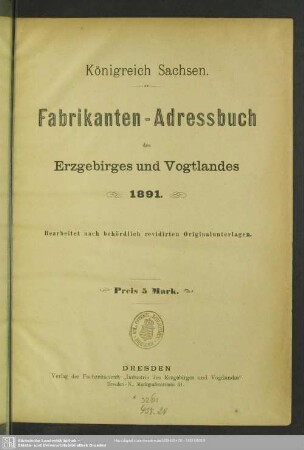 1891: Fabrikanten-Adressbuch des Erzgebirges und Vogtlandes