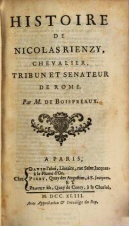 Histoire de Nicolas Rienzy, chevalier, tribun et senator de Rome