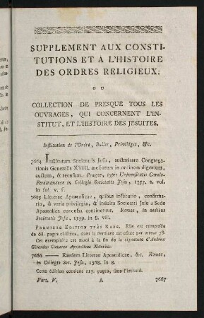 1-54, Supplement Aux Constitutions et l'Histoire des Ordres Religieux