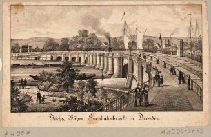 Die Eisenbahnbrücke (Marienbrücke) in Dresden, Blick vom Neustädter Brückenkopf nach Südwesten über die Elbe und die Brücke, im Hintergrund die Friedrichstadt