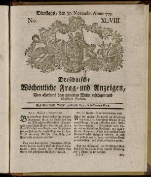 Dienstags, den 30. Novembr. Anno 1779. No. XLVIII. - Dienstags, den 28. Decembr. Anno 1779. No. LII.