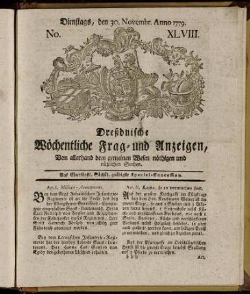 Dienstags, den 30. Novembr. Anno 1779. No. XLVIII. - Dienstags, den 28. Decembr. Anno 1779. No. LII.