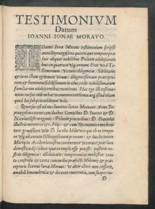 Testimonium Datum Ioanni Ionae Moravo.