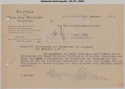 Brücke A: Brief bzgl. Verstärkung der Siegbrücke Siegburg