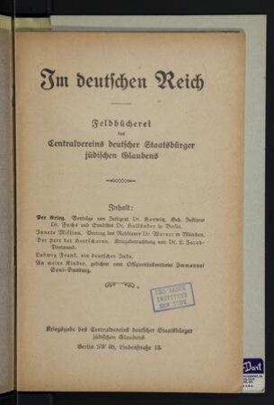 Im deutschen Reich : Feldbücherei des Centralvereins deutscher Staatsbürger jüdischen Glaubens