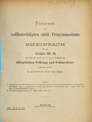 Programm des Vollberechtigten Städt. Progymnasiums zu Rheinbach : für das Schuljahr .... 1881/82