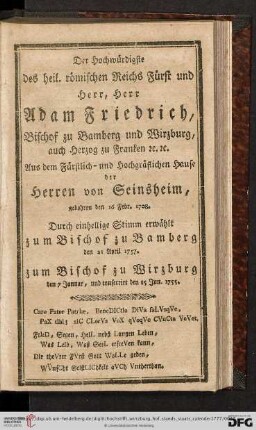 Der Hochwürdigste des heil. römischen Reichs Fürst und Herr, Herr Adam Friedrich [...]