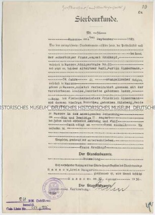 Auszug aus dem Sterbehauptregister des Standesamts Massow in Pommern