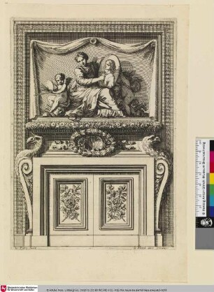 [Kaminentwurf mit einer Personifikation der Malerei als Aufsatz; Cheminée dont l'âtre est clos de volets, surmontée d'un bas-relief représentant la Peinture montrant un portrait d'homme]