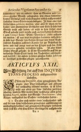 Articulus XXII. Von Ersetzung der auff den Inquisitions-Process auffgewandten Unkosten.