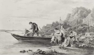 Seußlitz. Abendliche Flußlandschaft mit Fischerfamilie : Fischerfamilie, 19. Jh.