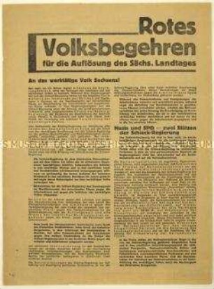 Flugblatt der KPD gegen NSDAP und SPD und Aufruf zur Teilnahme am Volksbegehren zur Auflösung des sächsischen Landtags 1931
