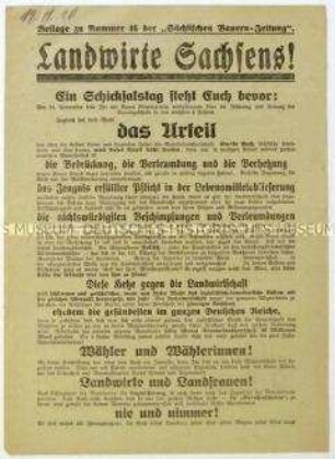 Aufruf des Sächsischen Bauernbundes zur Wahl der Deutschnationalen Volkspartei in den sächsischen Landtag 1920