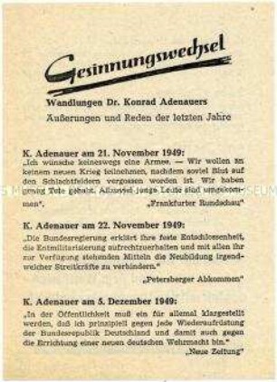 Handzettel der SPD zur Bundestagswahl 1958 mit Zitaten von Adenauer zur Wehrpflicht und zur Rüstungspolitik