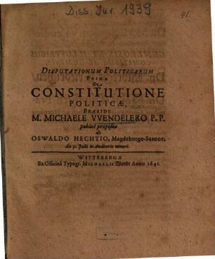 Disputationum Politicarum Prima De Constitutione Politicae