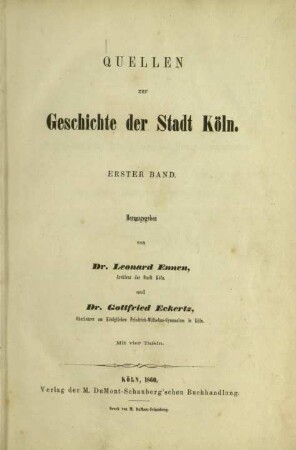 Quellen zur Geschichte der Stadt Köln / Band 1
