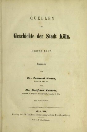 Quellen zur Geschichte der Stadt Köln / Band 1