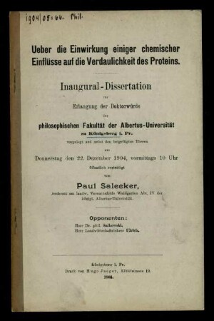 Ueber die Einwirkung einiger chemischer Einflüsse auf die Verdaulichkeit des Proteins