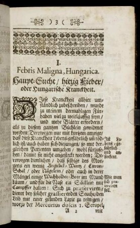 I. Febris Maligna, Hungarica. Haupt-Sucht / hitzig Fieber / oder Hungarische Kranckheit - X. Capitis Dolor. Haupt-Schmertz