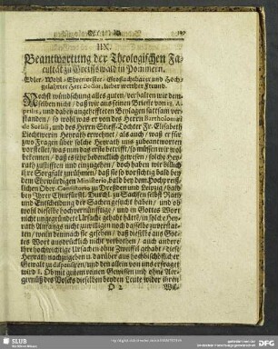 IIX. Beantwortung der Theologischen Facultät zu Greiffswald in Pommern