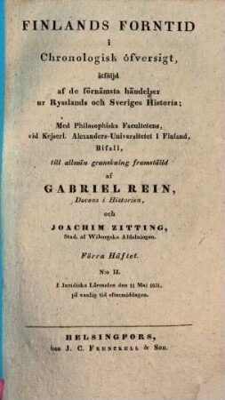 Finlands forntid i chronologisk öfversigt, åtföljd af de förnämsta händelser ur Rysslands och Sveriges historia, N. 2