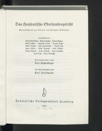 Das Hanseatische Oberlandesgericht : Gedenkschrift zu seinem 60jährigen Bestehen