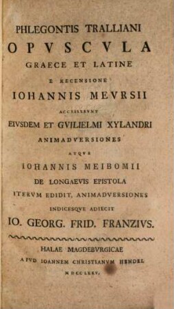 Phlegontis Tralliani Opvscvla Graece Et Latine