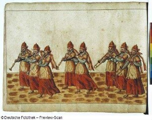 Bläsergruppe aus "Contrafactur des Ringrennens" 1574 : Bläsergruppe. Blatt 13 aus "Contrafactur des Ringrennens" unter Kurfürst August zur Fastnacht am 23.02.1574 im kurfürstlichen Schlosse zu Dresden. Deckfarben; ca. 22,1 x 34 cm. Dresden: SLUB Mscr.Dresd.K.2