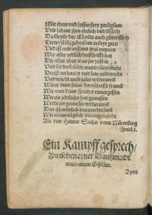 Ein Kampff gesprech/ Zwischen eyner Haußmaidt unnd einem Gesellen.