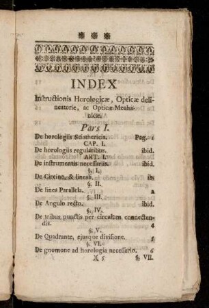 Index Instructionis Horologicæ, Opticæ delineatorie, ac Opticæ Mechanicæ
