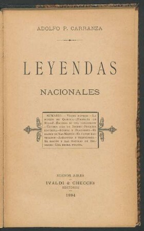 Leyendas nacionales : / Adolfo P. Carranza