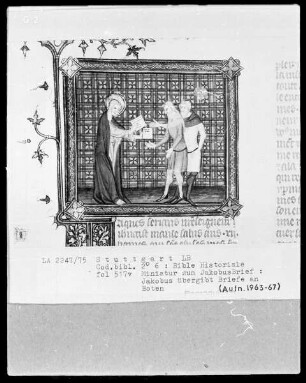 Bible Historiale — Jakobus übergibt Briefe an Boten (zum Jakobusbrief), Folio 517verso