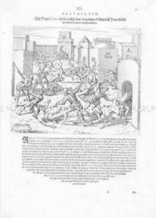 Die Stadt Cuzco, die reichste im Königreich Peru, wird von den Spaniern eingenommen - Illustration aus de Bry, Große und Kleine Reisen (Peru XII/12)