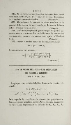 Sur la somme des puissances semblables des nombres naturels.