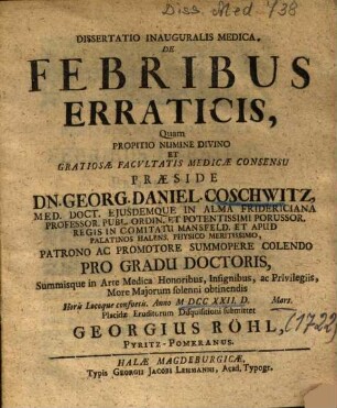 Dissertatio Inauguralis Medica De Febribus Erraticis