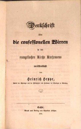 Denkschrift über die confessionellen Wirren in der evangelischen Kirche Kurhessens