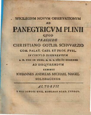 Spicilegium novum observationum ad Panegyricum Plinii
