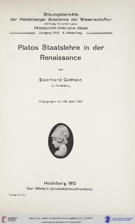 1912, 5. Abhandlung: Sitzungsberichte der Heidelberger Akademie der Wissenschaften, Philosophisch-Historische Klasse: Platos Staatslehre in der Renaissance