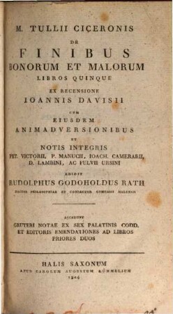 M. Tullii Ciceronis Opera Philosophica, 1. De finibus bonorum et malorum libros quinque