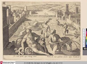 [Fischfang mit konkaven Netzen im Arno, vorne der Flussgott; Fishing with concave nets in the river Arno]