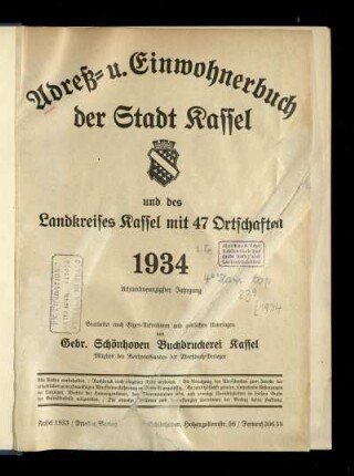 Jg. 98.1934: Adreß- u. Einwohnerbuch der Stadt Kassel und des Landkreises Kassel mit 47 Ortschaften