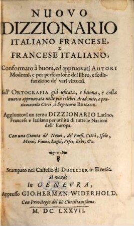 Dizionario Nuovo Italiano Francese et Francese Italiano