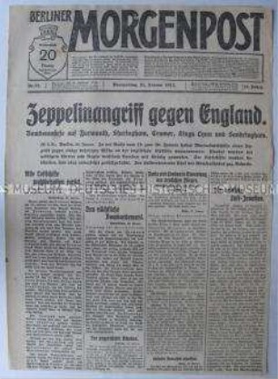 Tageszeitung "Berliner Morgenpost" zu einem Luftangriff auf englische Städte mit Zeppelinen