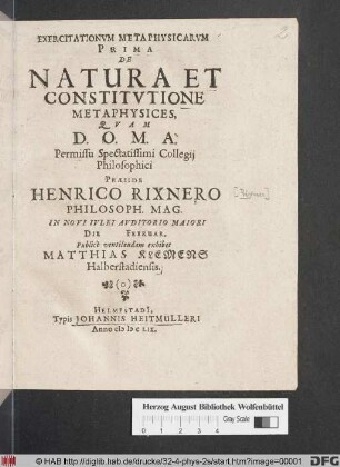 Exercitationum Metaphysicarum Prima De Natura Et Constitutione Metaphysices