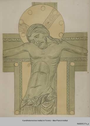 Mittelteil eines Kruzifixes mit dem Kopf und Oberkörper des gekreuzigten Christus