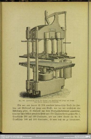 Fig. 116. Hydraulische Presse für Farben- und Golddruck auf Zeuge und Stoffe. Von Gebr. Heim in Offenbach