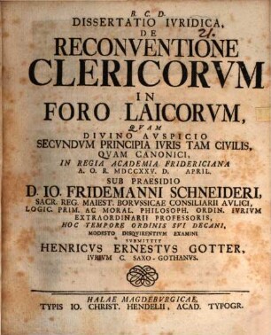 Dissertatio Ivridica De Reconventione Clericorvm In Foro Laicorvm