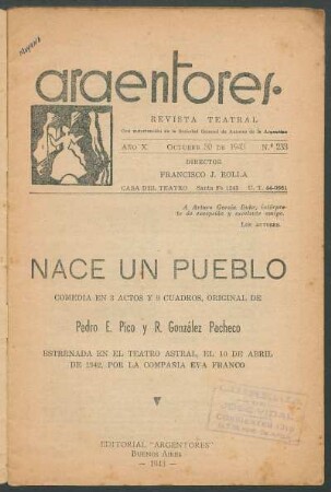 1943023300: Nace un pueblo : comedia en 3 actos y 9 cuadros