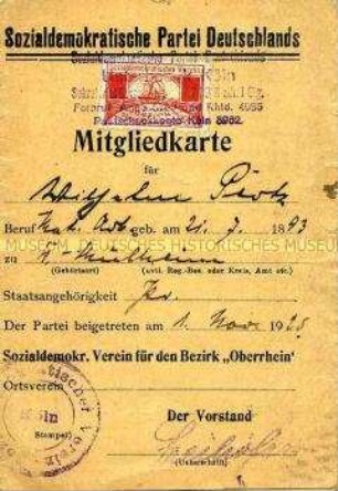 Mitgliedsausweis der Sozialdemokratischen Partei Deutschlands